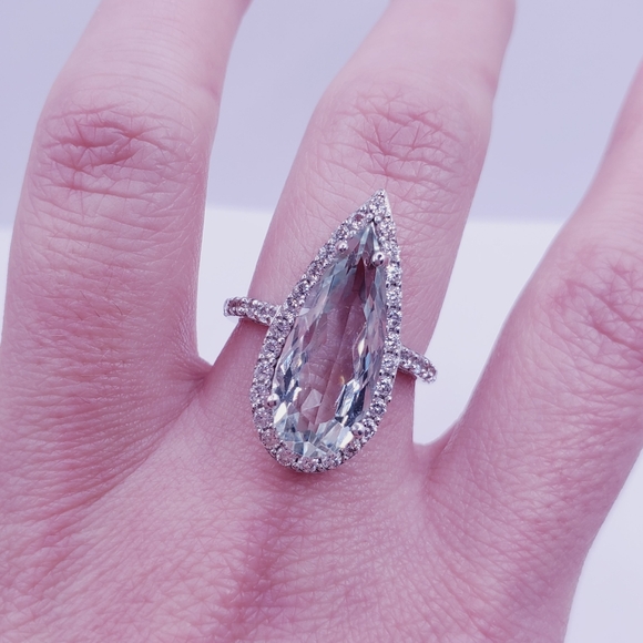 Montezuma Prasiolite & White Zircon Pear Shape Halo Ring in Platinum | Sterling